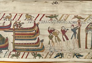 Normanlar gemilerini denize çekiyor, Bayeux Goblen (keten üzerine yün işlemesi) by Unknown artist