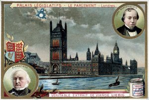 Westminster Sarayı veya Londra Parlamentosu (İngiltere), William Ewart Gladstone (1809-1898) ve Benjamin Disraeli, Lord Beaconsfield (1804-1881) portreleriyle - Liebig kromolitografisi by Unknown artist