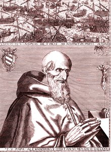Papa Pius V, Ekim 1571'de İnebahtı savaşında Türklere karşı İspanyol filosu ve Venedik İtalyan filosuyla ittifak yaptı. by Unknown artist