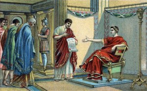 Roma İmparatoru Konstantin (272-337), inançların eşitliği ile ilgili ilk dini yasaları oluşturdu. 19. yüzyılın sonlarında kromolitografi. by Unknown artist