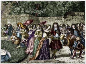 Güneş Kralı (Louis XIV, Versailles bahçelerinde avlusunu çevreler). 19. yüzyılın gravürü. by Unknown artist