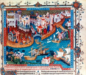 Venedikli kaşif Marco Polo, 1271'de babası ve amcasıyla Venedik şehrini terk etti: Uzak Doğu'ya yöneldi ve İpek Yolu'nu aldı, minyatür by Unknown artist
