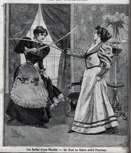 Bir rekabetin ardından: kadınlar arasında bir kılıç düellosu. “” Le Parisien” de gravür by Unknown artist