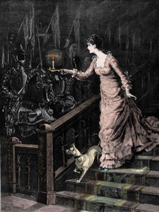 Cephanelik perili: genç bir kadın bir merdivenin basamaklarından iner ve elinde tuttuğu mumu bir zırh setine doğru yönlendirir. 19. yüzyılın sonlarına ait resim by Unknown artist