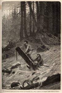 Yazar ve gezgini Mcdonald, derme çatma bir sal üzerinde Nittinaht Nehri (Vancouver Adası) üzerindeki akıntıları inerken. Frederick Whymper tarafından İngiliz Kolombiyası, Vancouver Adası ve Alaska
