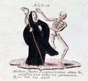 Ölümün dansı, başrahibe ve iskelet (Baskı) by Unknown artist
