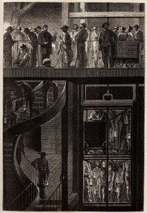 Madencilerin (erkekler, kadınlar ve çocuklar) asansör kafesinden Creusot kömür madenlerinin yeraltı galerilerine inişi. 1865