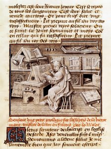Din adamı, fotokopici ve çevirmen Jean Mielot (ö. 1472), 15. yüzyıldan kalma bir el yazmasının ofis sayfasında çalışmayı temsil ediyor. Paris, B.N. by Unknown artist