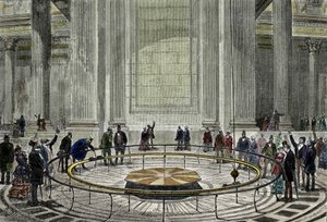 1851'de Leon Foucault'nun Paris'teki Pantheon'da Dünya'nın dönüşünü gösteren ünlü Sarkaç deneyimi. by Unknown artist