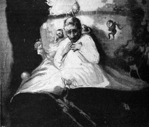 Hayalet korkusu (yatakta yatan bir adam hayali yaratıklar tarafından saldırıya uğradığını düşünür). by Unknown artist