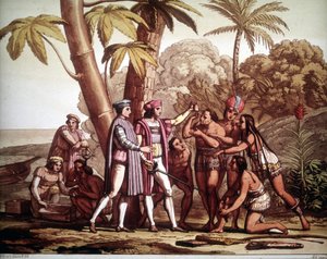 Amerika'ya vardığında Christopher Columbus'a görünen ilk Kızılderililer, - Jules Ferrario'nun “Eski ve modern kostümü”nde by Unknown artist