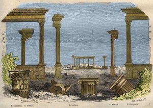 Klasik (antik) mimarinin beş düzeni: Korint, Dor, İyonik, Toskana ve bileşik, her biri bir sütunla temsil edilir. “Le Musee Des Sciences”da 1857