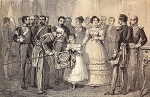 Gelecekteki İspanya Kraliçesi Isabella II (Bourbon'lu Isabella) (1830-1904) (Espana'lı İsabel II) Aziz Ferdinand Nişanı'nın (San Fernando) Muhafızlarının Mızraklarının bayrağını süslüyor. Litograf. by Unknown artist