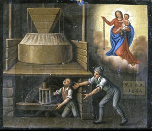 Genç bir işçinin eli değirmen taşına sıkıştı. by Unknown artist