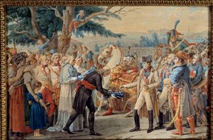 Viyana'nın anahtarlarının I. Napolyon'a teslimi (1769-1821) İmparator, 14/11/1805'te Habsburglu II. François tarafından Avusturya'nın başkenti terk edilmiş bir ülkeye döndü. 19. yüzyıl halısı. Ile D'Aix, Napolyon Müzesi - Napolyon I (17 by Unknown artist
