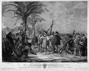 Kristof Kolomb'un 12/10/1492'de San Salvador'a (Bahamalar) inişi. 19. yüzyılın gravürü. by Unknown artist