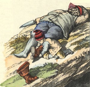 Küçük kese, uyuyan devden çizmeleri 7 yerden çalar. Charles Perrault