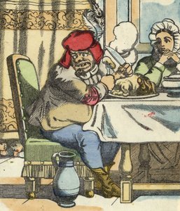 Masadaki dev, küçük Poucet ve kardeşlerinin varlığını hisseder. Charles Perrault