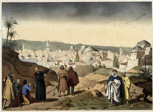 Pelerinler Kudüs şehrine varırlar. 19. yüzyılın ortalarından anonim gravür - “” Ailelerin Büyük İlmihalinde””. by Unknown artist