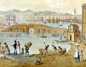 1800 civarında Napoli ve Santa Lucia limanı: gezginler ayrılmaya hazırlanıyor ve marangozlar bir tekne inşa ediyor. Suluboya. by Unknown artist