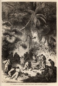 Caravaya vadisindeki (Andes cordilliere) bozulmamış ormanda, kısa et suyu ile bir boa yılanı yemeğinin hazırlanması. Engravure pour illustrrer le voyage dans les vallees de Quinquinas (Peru), Paul Marcoy tarafından, 1849-1861