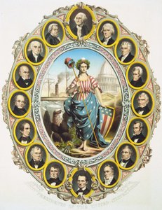 Ortada Amerika sembolü olan Amerika Birleşik Devletleri başkanları. Yukarı, Washington ve aşağı Abraham Lincoln. 1861