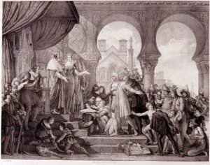 Kristof Kolomb'un Amerika'yı keşfettikten sonra Aragon Kralı II. Ferdinand ve Kastilya Kralı 1. Isabella'dan (Katolik olarak anılır) önce İspanya'ya dönüşü. 19. yüzyılın gravürü. by Unknown artist