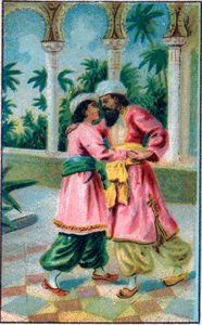Prensin dönüşü. “”Binbir gece””””deki “”büyülü atın hikayesi”””” (1001 gece veya Le mille e una notte, Binbir Gece Masalları). 19. yüzyılın sonlarında kromolitografi. by Unknown artist