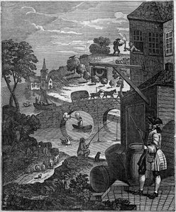 Gülünç perspektif William Hogarth (1697-1764) tarafından nesnelerin ve kişilerin düzlem seviyelerini önererek ressamların perspektif sanatıyla alay eden hiciv illüstrasyonu, mesafeler nedeniyle gerçekte imkansız. by Unknown artist