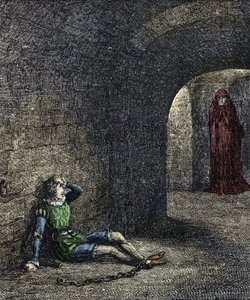 Kulenin hayaleti Bir zindandaki mahkum zincirleri, önünde bir hayalet görür. 19. yüzyıl William Harrison Ainsworth tarafından “Londra Kulesi” için illüstrasyon by Unknown artist