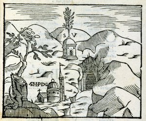 Pozzuoli'deki (Pozzuoli) Virgil'in mezarı (MÖ 70 - MÖ 19). 17. yüzyıldan kalma bir turist rehberinden sonra Xylography. by Unknown artist