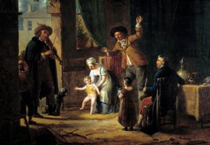 Gezici müzisyen Bir kemancı, bir müstakil evin kapısında müzik çalıyor. Anonim resim. 1819 Paris, Dekoratif Sanatlar by Unknown artist