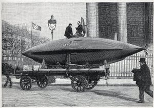 Deneyler için taşınan sualtı teknesi (denizaltı) “Le Goubet”, Paris