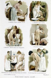 Kadın, ev doktoru: iyileştirici bir araç olarak su. 1.Yatakta hasta bir kişinin iksiri, 2.Ateşte iksir, 3.Küvette dönüşümlü iksir, 4.Yağmur duşu, 5.Mutfağın musluk hortumlu duşu, 6.Küçük bir iç mekanda sulama - “ Kadın, ev doktoru”” by Unknown artist