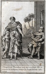 Theodosius I (Flavius Theodosius) (347-395), Roma imparatoru, iki oğlu Arcadius (377-408) ve Honorius (384-423), öğretmenlerinin derslerini dinlemek için ayağa kalkmalarını istiyor. 4. yüzyıl. P. by Unknown artist
