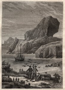 Kaptan James Cook (1728-1779) tarafından üçüncü sefer (1776-1779): Kerguelen adaları (Kerguelen takımadaları, Antarktika) - "" 18. Yüzyılın Büyük Denizcileri"nden alınan çizim by Unknown artist