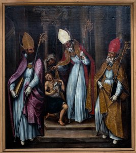 Üç piskopos cin çarpmış bir adamı iyileştiriyor by Unknown Artist