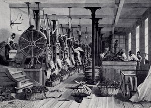 Tütün fabrikası, çamaşır odası ve tütün tecavüzü. 1867 civarında gravür. Paris, Musee Carnavalet by Unknown artist