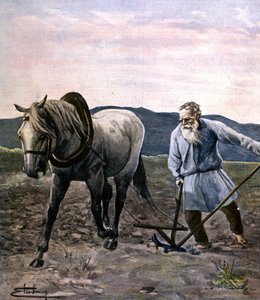 Tolstoy çiftçilik. 19. yüzyılın sonlarında gravür. by Unknown artist