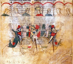 13. yüzyıl “Lancelot du Lac” yazmasından sonraki turnuva sahnesi. Biblioteca Nazionale Marciana Venedik. by Unknown artist