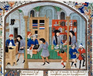 Ticaret sahnesi: Bir dükkandaki tüccarlar müşterilerine sofra takımı ve gümüş eşyalar sunar. Yunan filozof Aristoteles