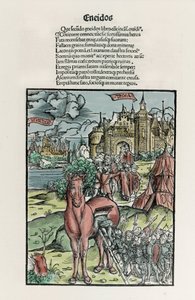 Truva: Yunan savaşçılar atı şehir surlarını geçtikten sonra bırakırlar. Eneide. Sebastian Brant tarafından Xylography. Strazburg by Unknown artist