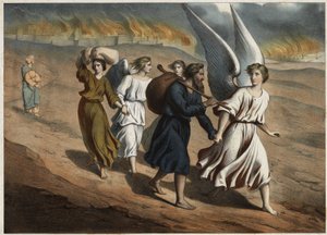 İki melek, Gomorra gibi, Tanrı tarafından yok edilen Sodom şehrini terk etmesi gereken Loth ve kızlarına rehberlik eder. Yasağa rağmen şehre dönen Loth