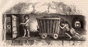 Bir İngiliz kömür madeninde tramvayı iten iki çocuk, üçüncüsü, Tuzakçı bir kapı açar by Unknown