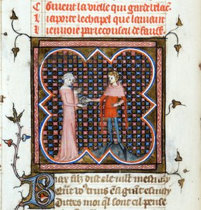 ""Genç bir adam ve yaşlı bir kadın"" Guillaume de Lorris (1200-1238 civarında) ve Jean de Meun (Meung) (1240-1305) tarafından 1353 civarında İsviçre tarafından yazılan "Le Roman de la Rose" adlı el yazmasından ışıklı sayfa Cenevre Kütüphanesi by Unknown artist