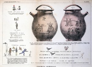Suçlular tarafından seramik vazolara bırakılan çeşitli çizimler ve yazılar: Cesare Lombroso (1835-1909), İtalyan kriminolog tarafından “Suçlu adam” (L