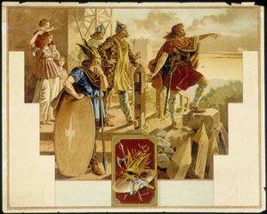 Galyalılar, savaşçılar, kadınlar ve çocuklarla çevrili Vercingétorix - Kromolitografi by Unknown artist