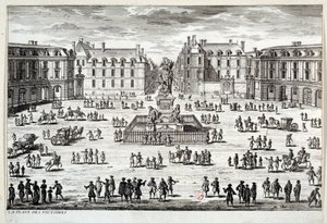 1686 yılında marechal de la Feuillade tarafından kaldırılan Louis XIV heykeli ile Paris'te Place des Victoires'ın görünümü. 17. yüzyıl Paris'inin gravürü, Musee Carnavalet by Unknown artist