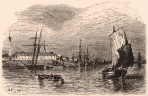 Lorient Limanı'nın görünümü, Morbihan, Brittany, Fransa: ön planda yelkenliler ve tekne, arka planda liman binaları ve deniz feneri by Unknown