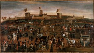 Milano şehrinin, Sforza kalesinin (castello Sforzesco) ve araba trafiğinin görünümü 1660-1670 civarında anonim resim Milano, Milano Müzesi by Unknown artist